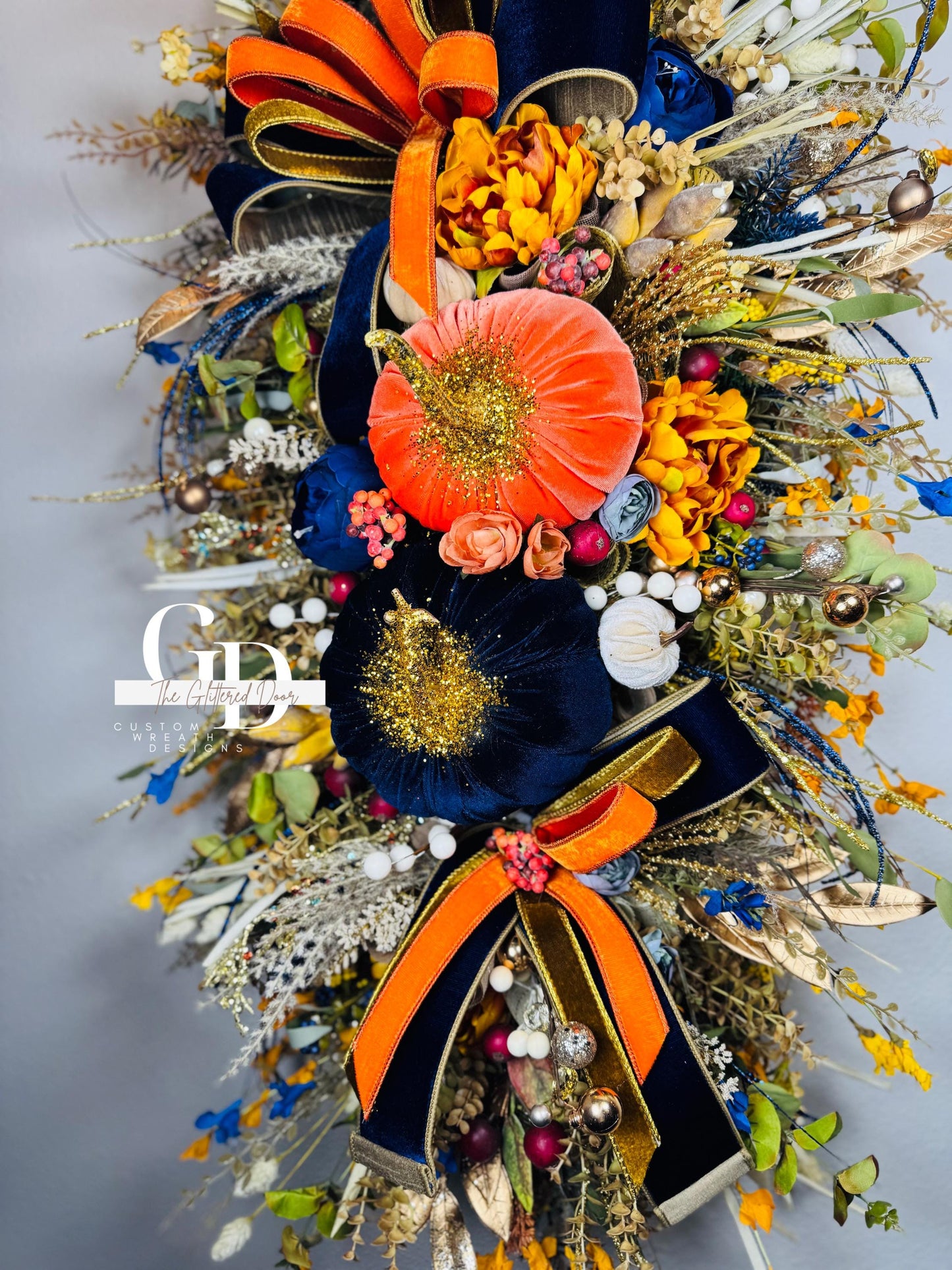 Fall Swag Wreath Pumpkin Wreath Orange & navy Fall Front door XL wreath Thanksgiving decor Autumn wreath elegant wreath for fall