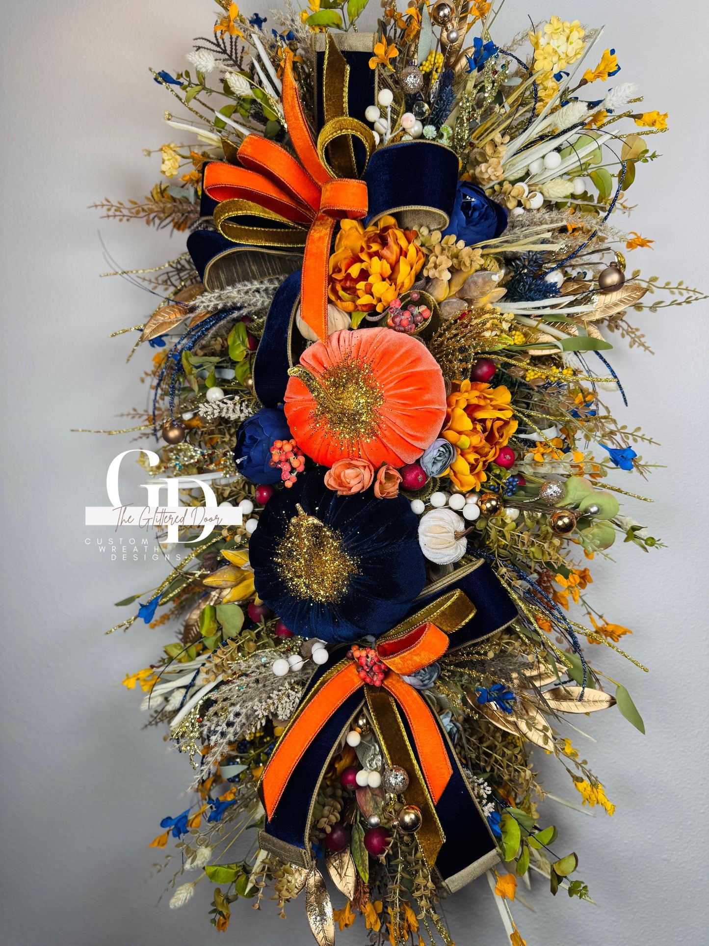 Fall Swag Wreath Pumpkin Wreath Orange & navy Fall Front door XL wreath Thanksgiving decor Autumn wreath elegant wreath for fall