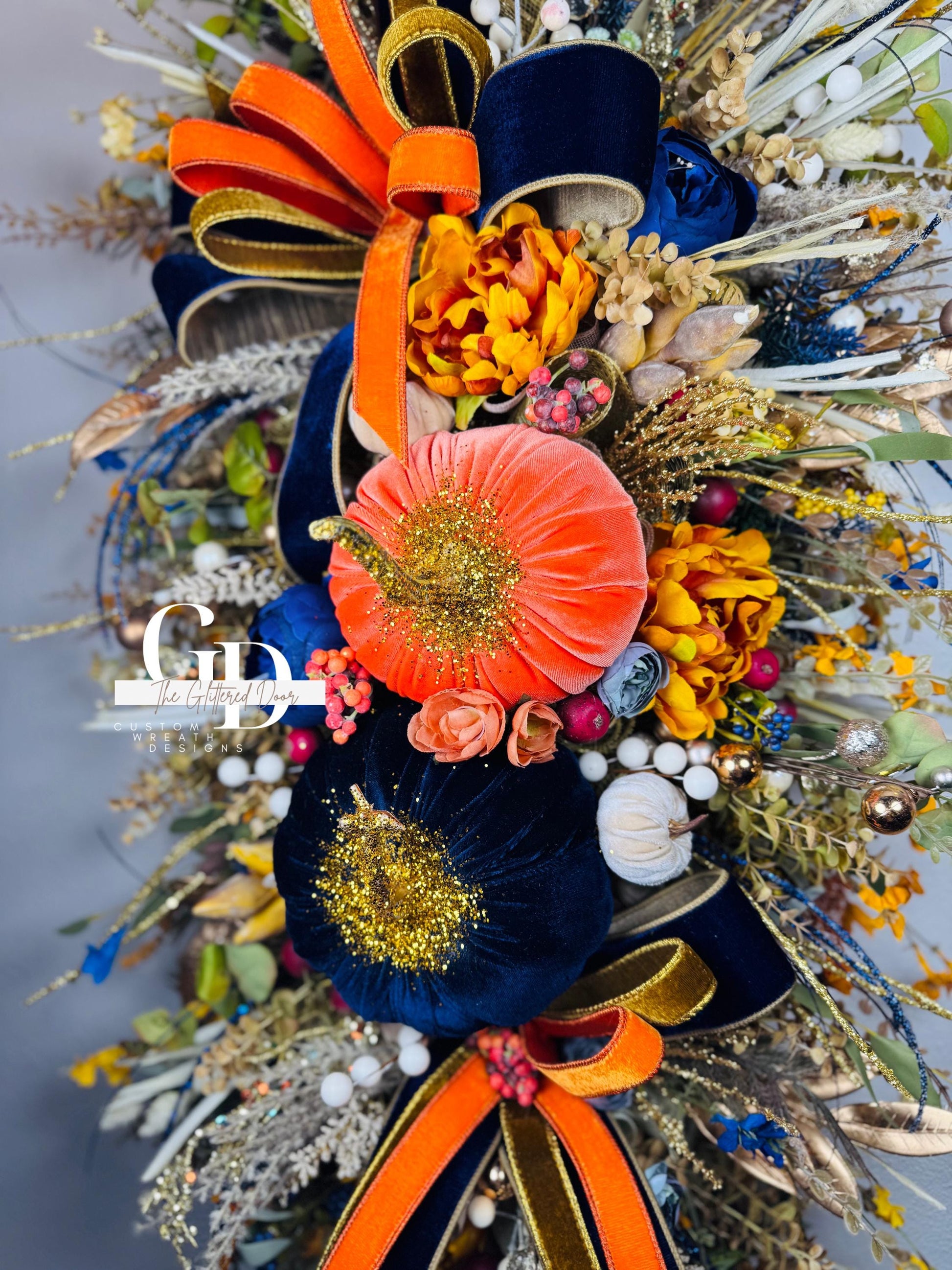 Fall Swag Wreath Pumpkin Wreath Orange & navy Fall Front door XL wreath Thanksgiving decor Autumn wreath elegant wreath for fall