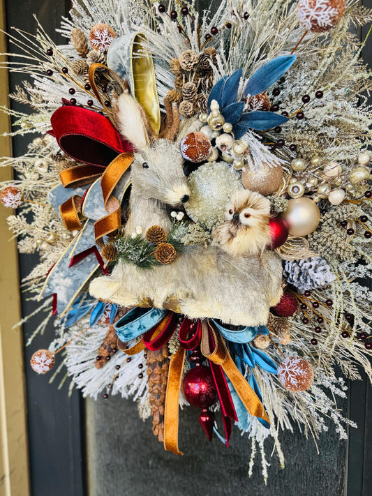 Winter woodland flocked wreath. Deer and owl Christmas wreath. Natural Christmas. January wreath. Burgundy and Copper wreath.