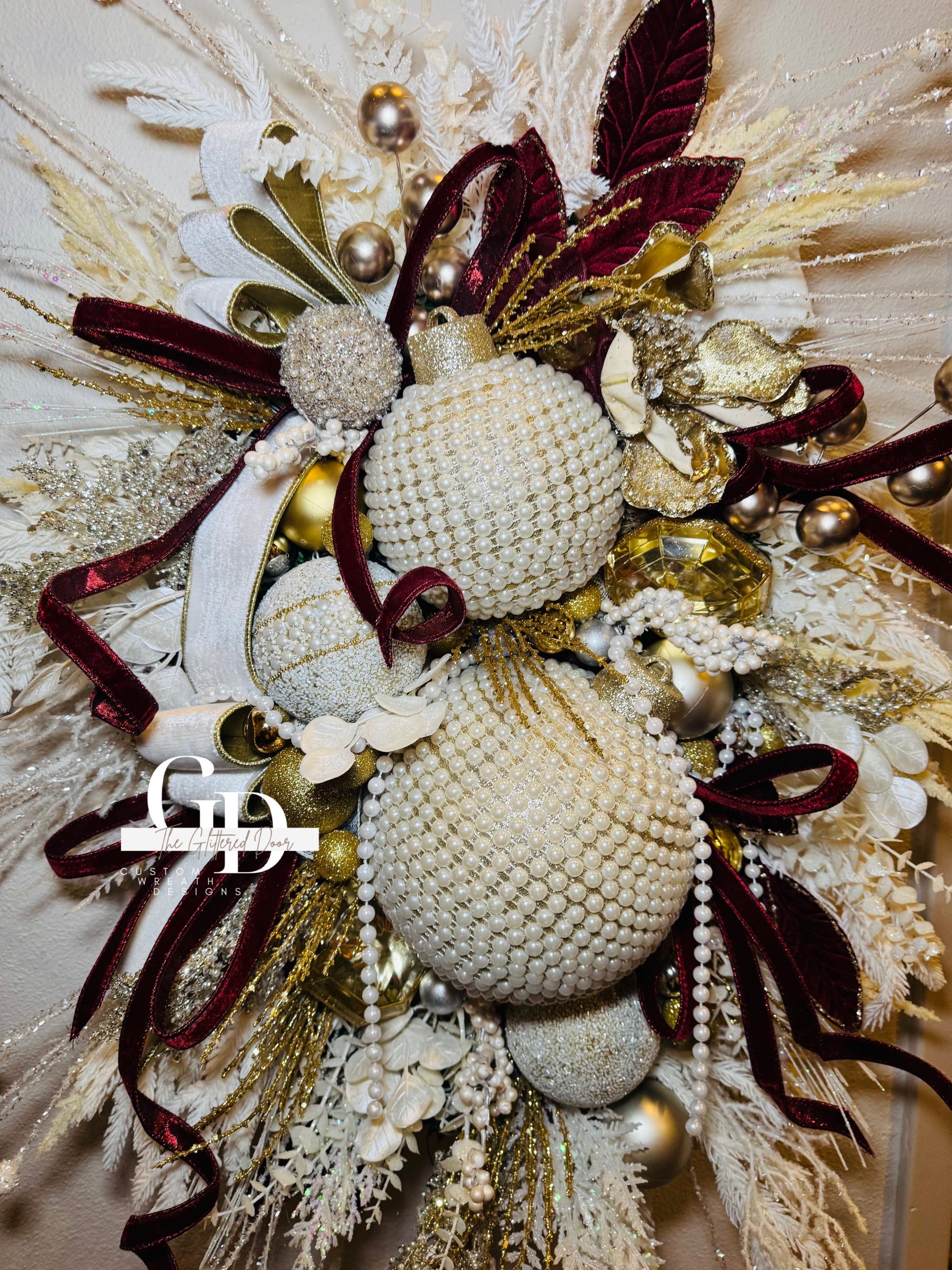 Winter White Pearl Ornaments Wreath - Oversized Elegant Glam Door Decor for Valentines and Winter Front Door Decorations