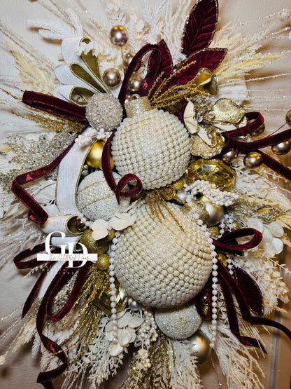 Winter White Pearl Ornaments Wreath - Oversized Elegant Glam Door Decor for Valentines and Winter Front Door Decorations