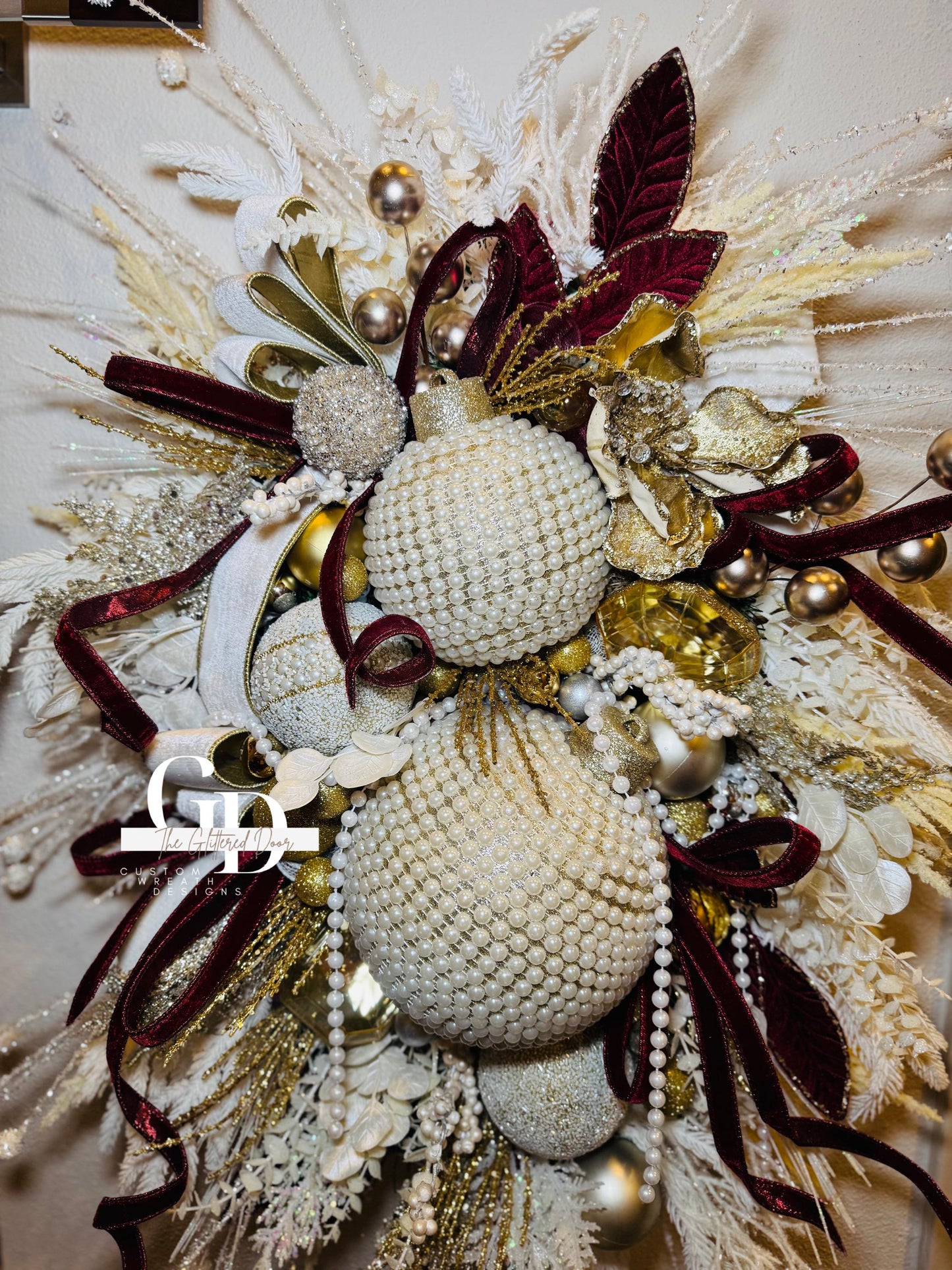 Winter White Pearl Ornaments Wreath - Oversized Elegant Glam Door Decor for Valentines and Winter Front Door Decorations