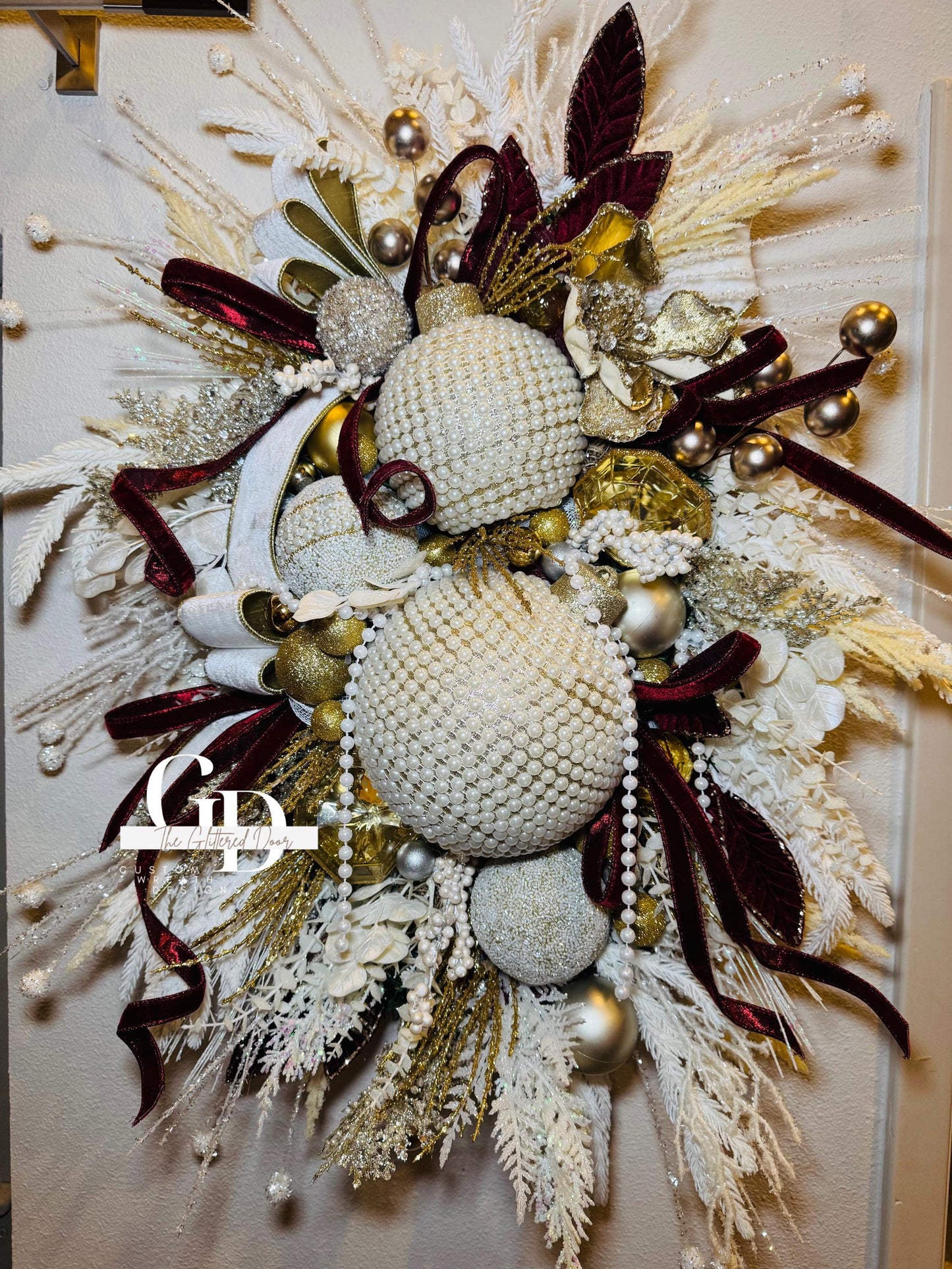 Winter White Pearl Ornaments Wreath - Oversized Elegant Glam Door Decor for Valentines and Winter Front Door Decorations