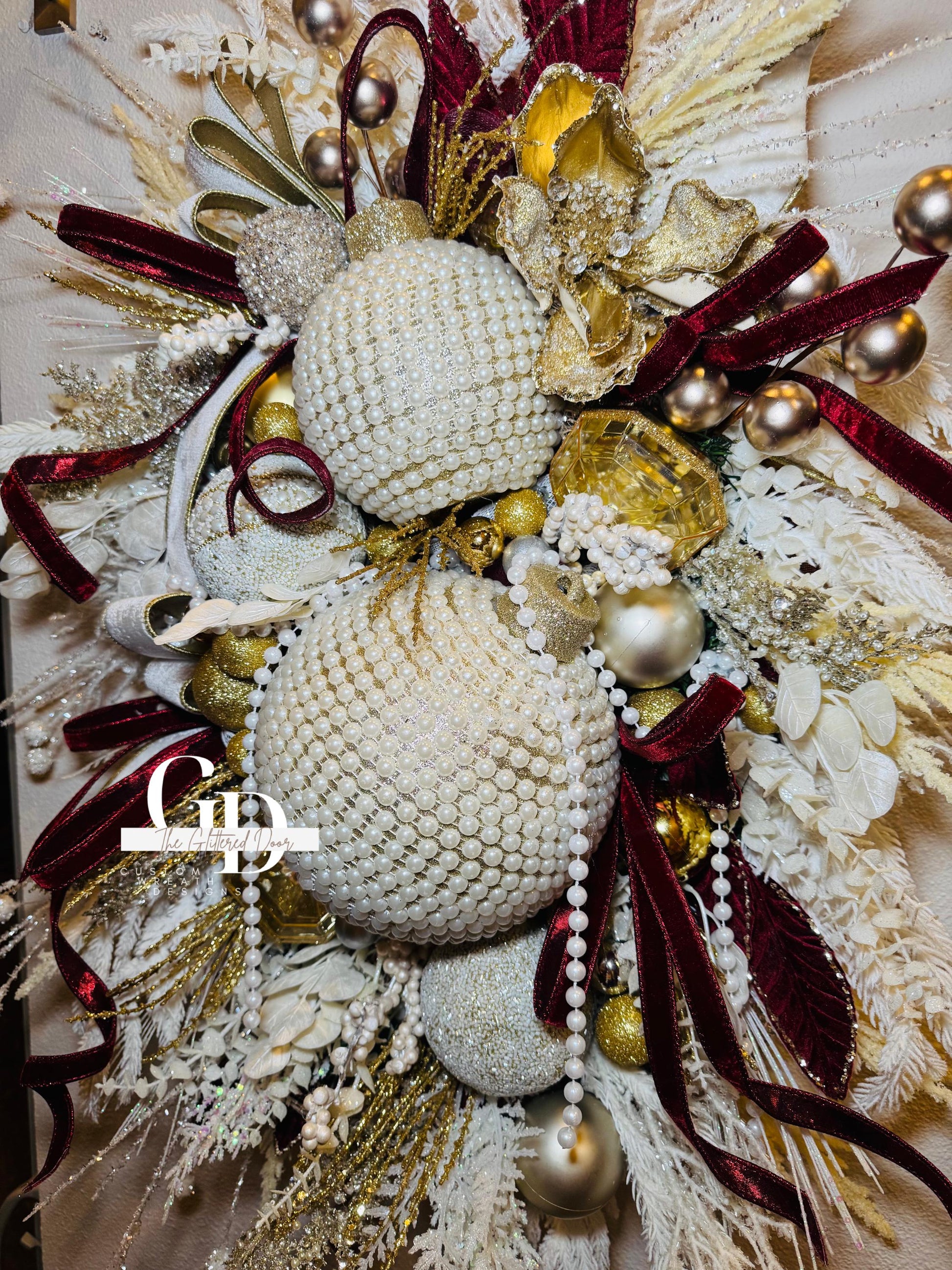 Winter White Pearl Ornaments Wreath - Oversized Elegant Glam Door Decor for Valentines and Winter Front Door Decorations