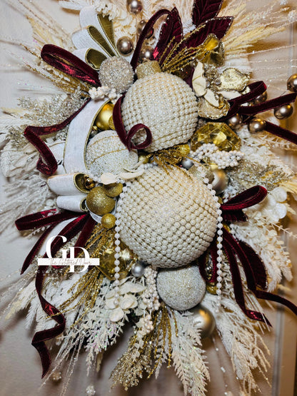 Winter White Pearl Ornaments Wreath - Oversized Elegant Glam Door Decor for Valentines and Winter Front Door Decorations