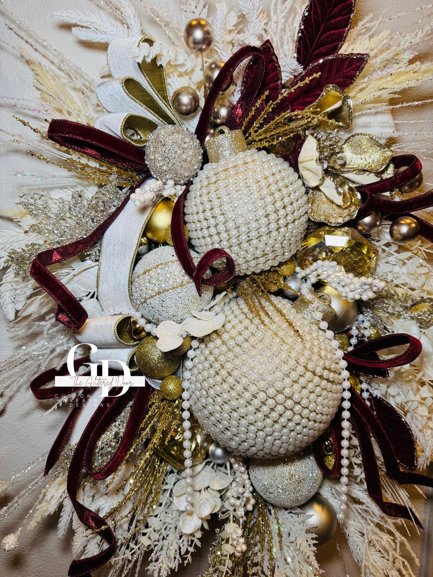 Winter White Pearl Ornaments Wreath - Oversized Elegant Glam Door Decor for Valentines and Winter Front Door Decorations