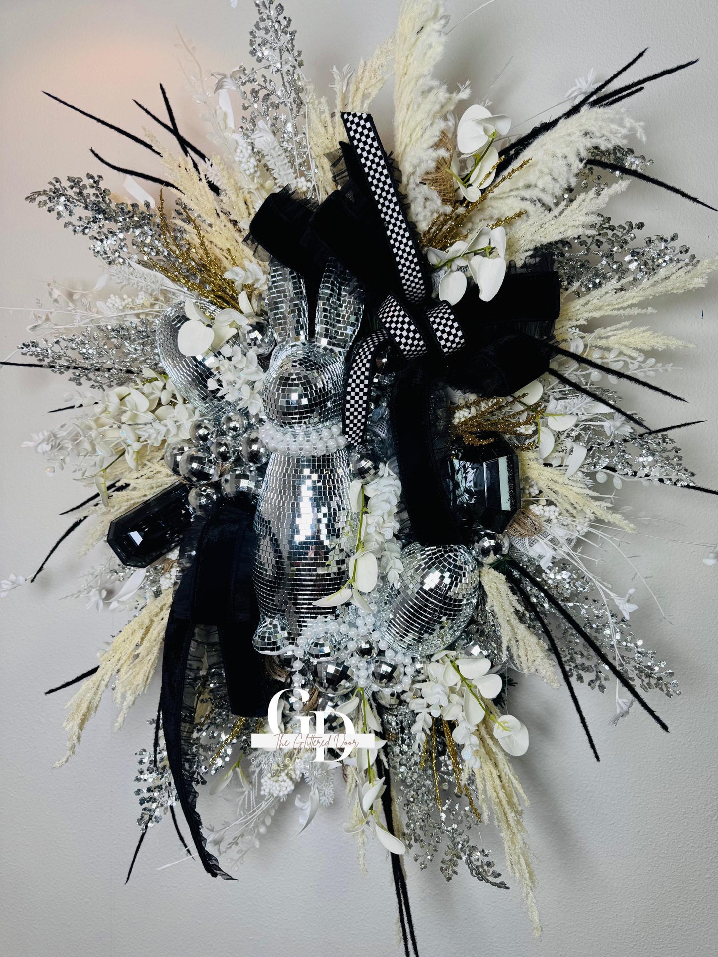 Easter Disco Bunny Wreath: Glam Black, White & Silver Door Decor