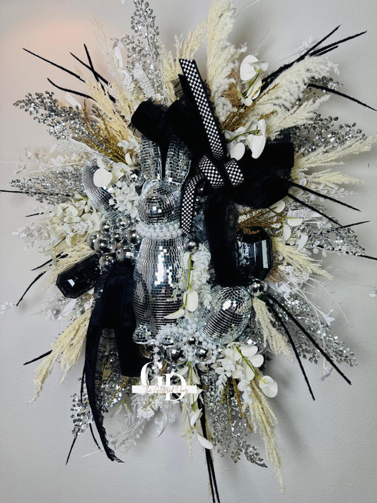 Easter Disco Bunny Wreath: Glam Black, White & Silver Door Decor