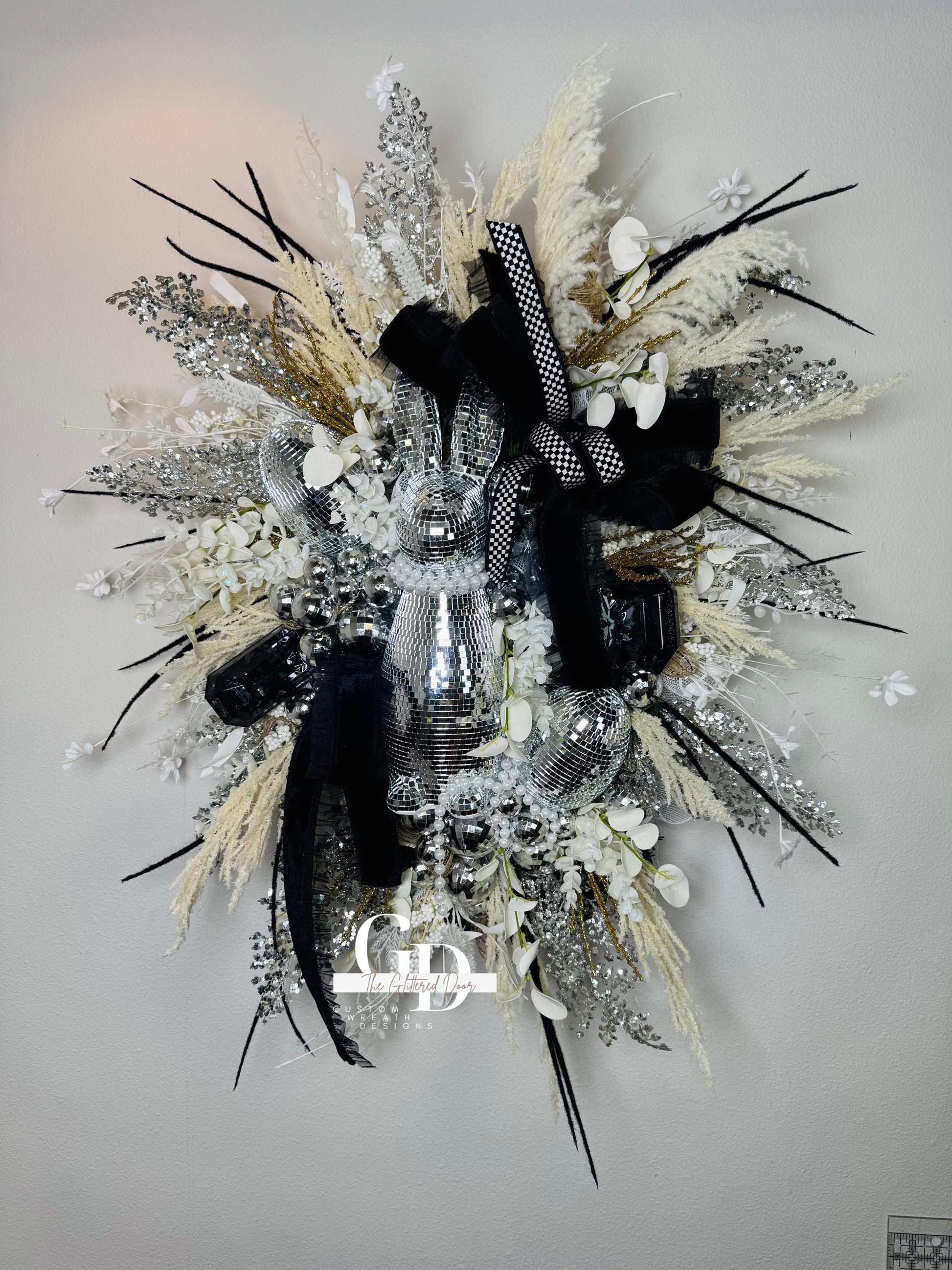 Easter Disco Bunny Wreath: Glam Black, White & Silver Door Decor