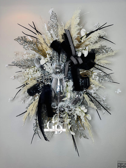 Easter Disco Bunny Wreath: Glam Black, White & Silver Door Decor