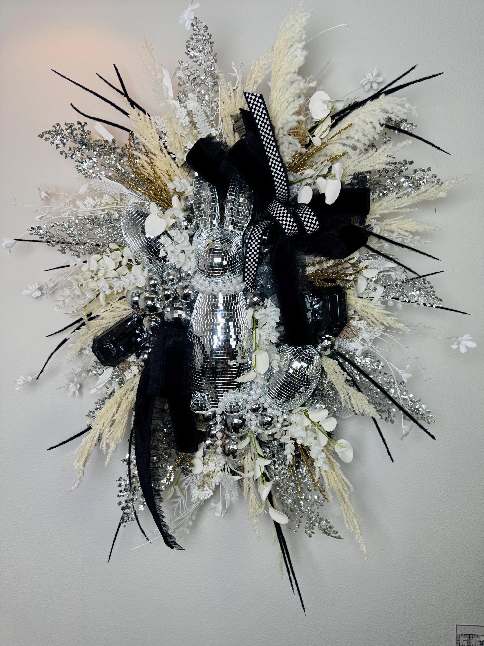 Easter Disco Bunny Wreath: Glam Black, White & Silver Door Decor