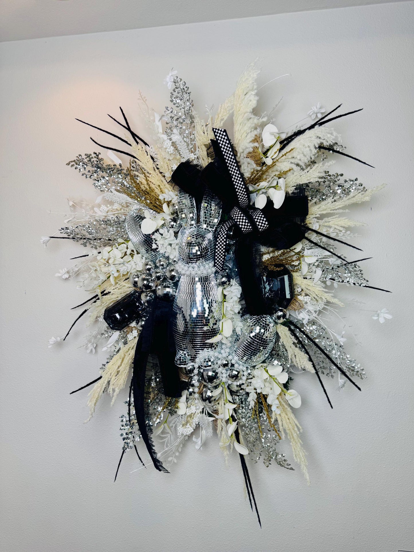 Easter Disco Bunny Wreath: Glam Black, White & Silver Door Decor