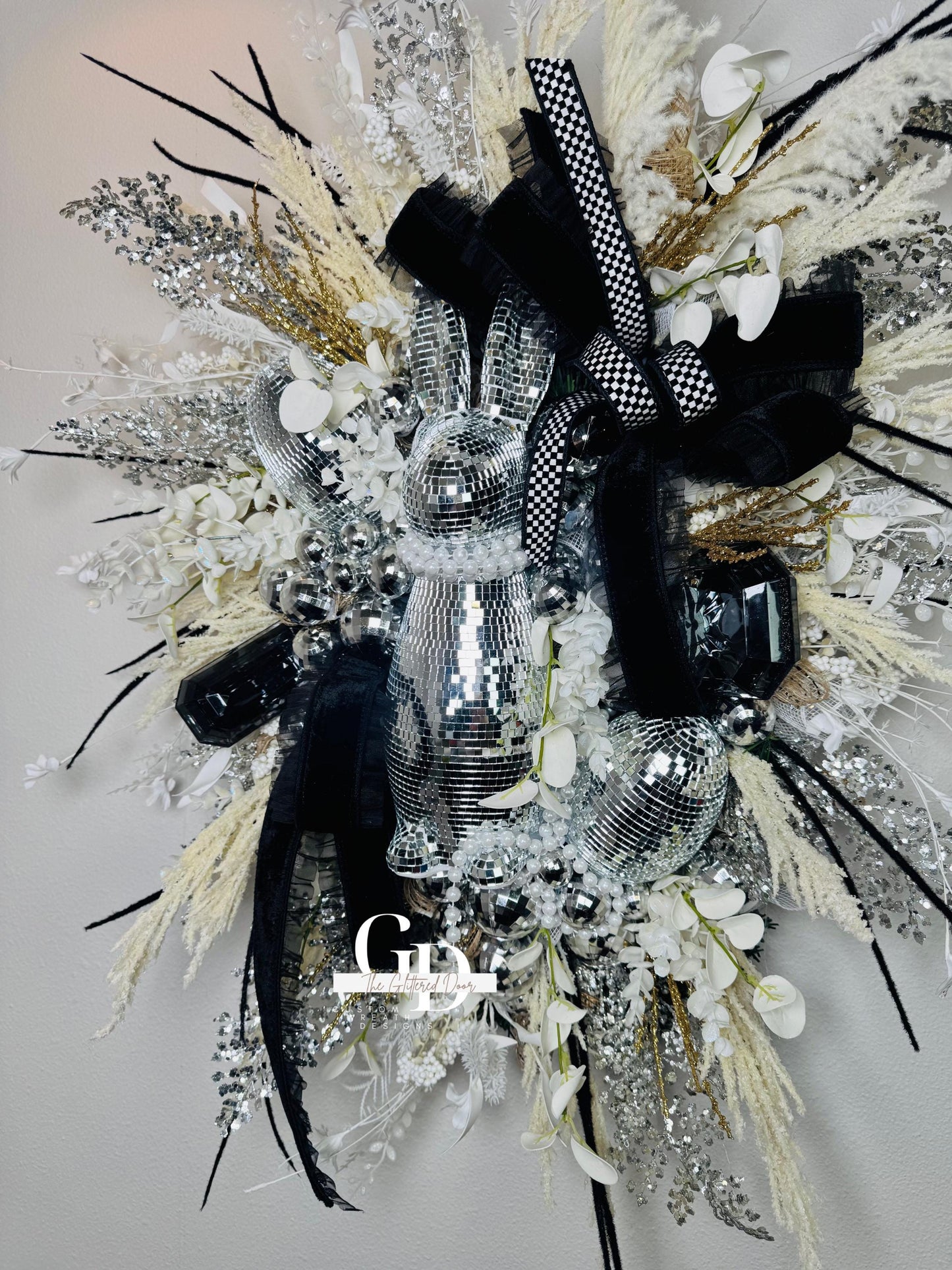 Easter Disco Bunny Wreath: Glam Black, White & Silver Door Decor