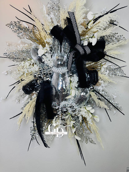 Easter Disco Bunny Wreath: Glam Black, White & Silver Door Decor