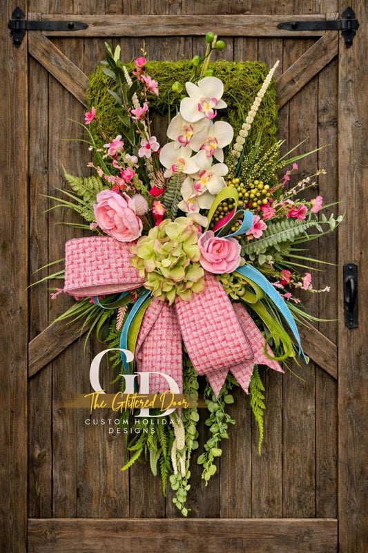 Easter Pink Moss Wreath for Front Door Spring Decor - Elegant Floral Spring Wreath for Easter Glam Decoration