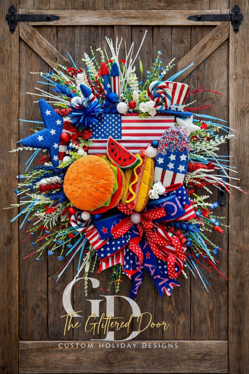 Patriotic Summer Wreath for 4th of July BBQ Decor in Red, White & Blue