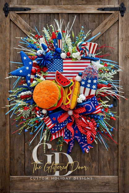 Patriotic Summer Wreath for 4th of July BBQ Decor in Red, White & Blue