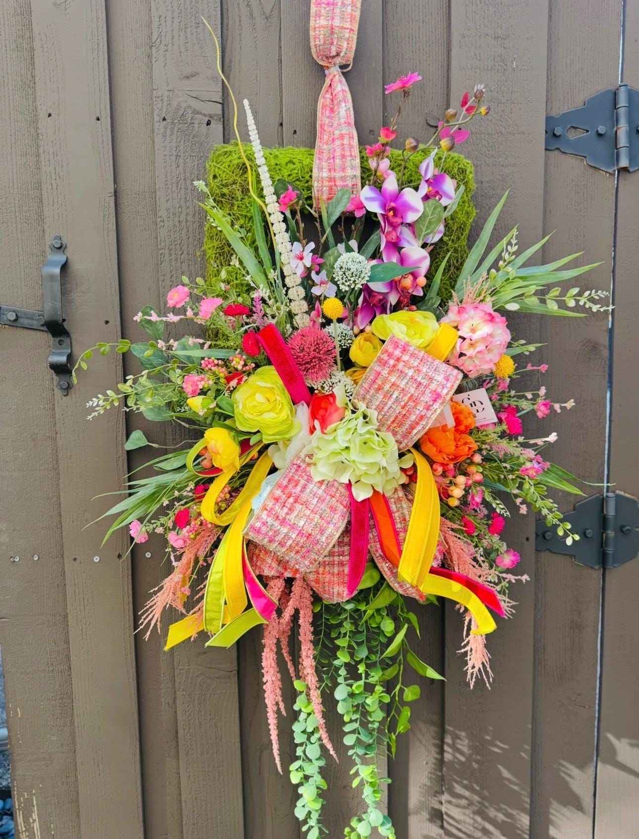 Spring Floral Door Swag | Moss Rectangle Door Hanger Wreath | Colorful Spring Front Door Decor | Easter Spring Wreath | Garden Style Floral