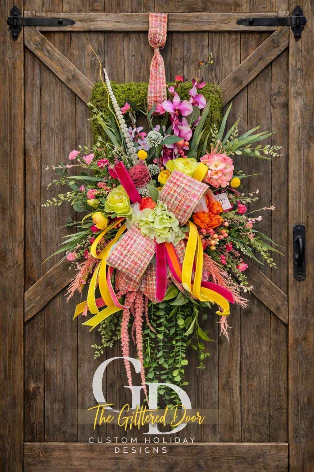Spring Floral Door Swag | Moss Rectangle Door Hanger Wreath | Colorful Spring Front Door Decor | Easter Spring Wreath | Garden Style Floral