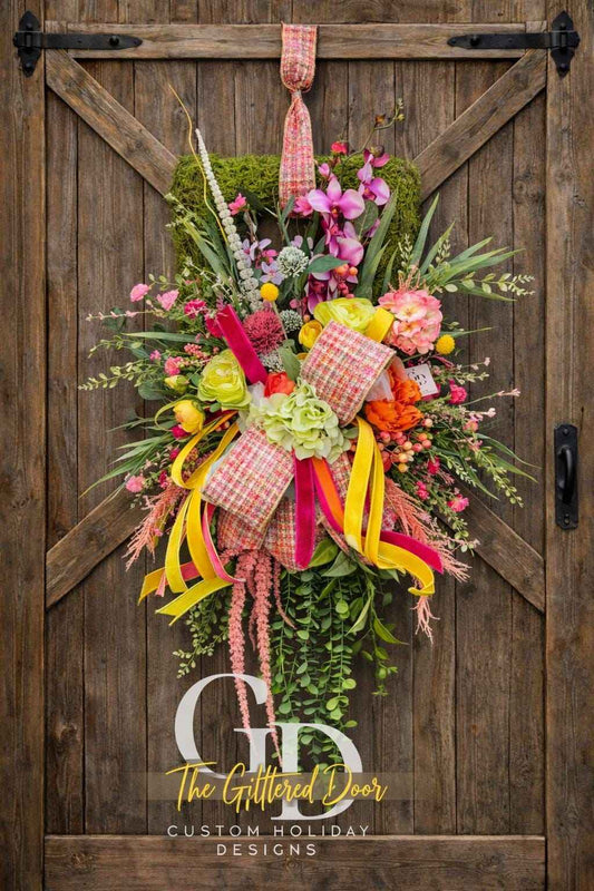 Spring Floral Door Swag | Moss Rectangle Door Hanger Wreath | Colorful Spring Front Door Decor | Easter Spring Wreath | Garden Style Floral