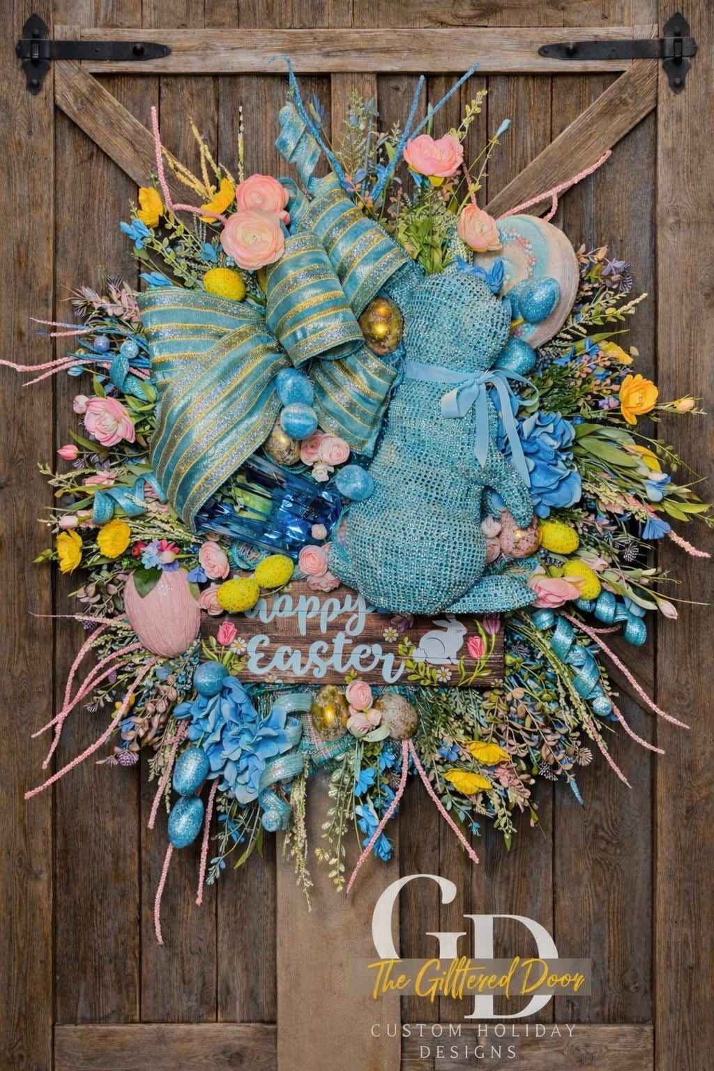 Luxury Easter Bunny Wreath, Blue Easter Door Wreath, Happy Easter Wreath with Bunny, Pastel Spring Wreath for Front Door, Large Designer Eas