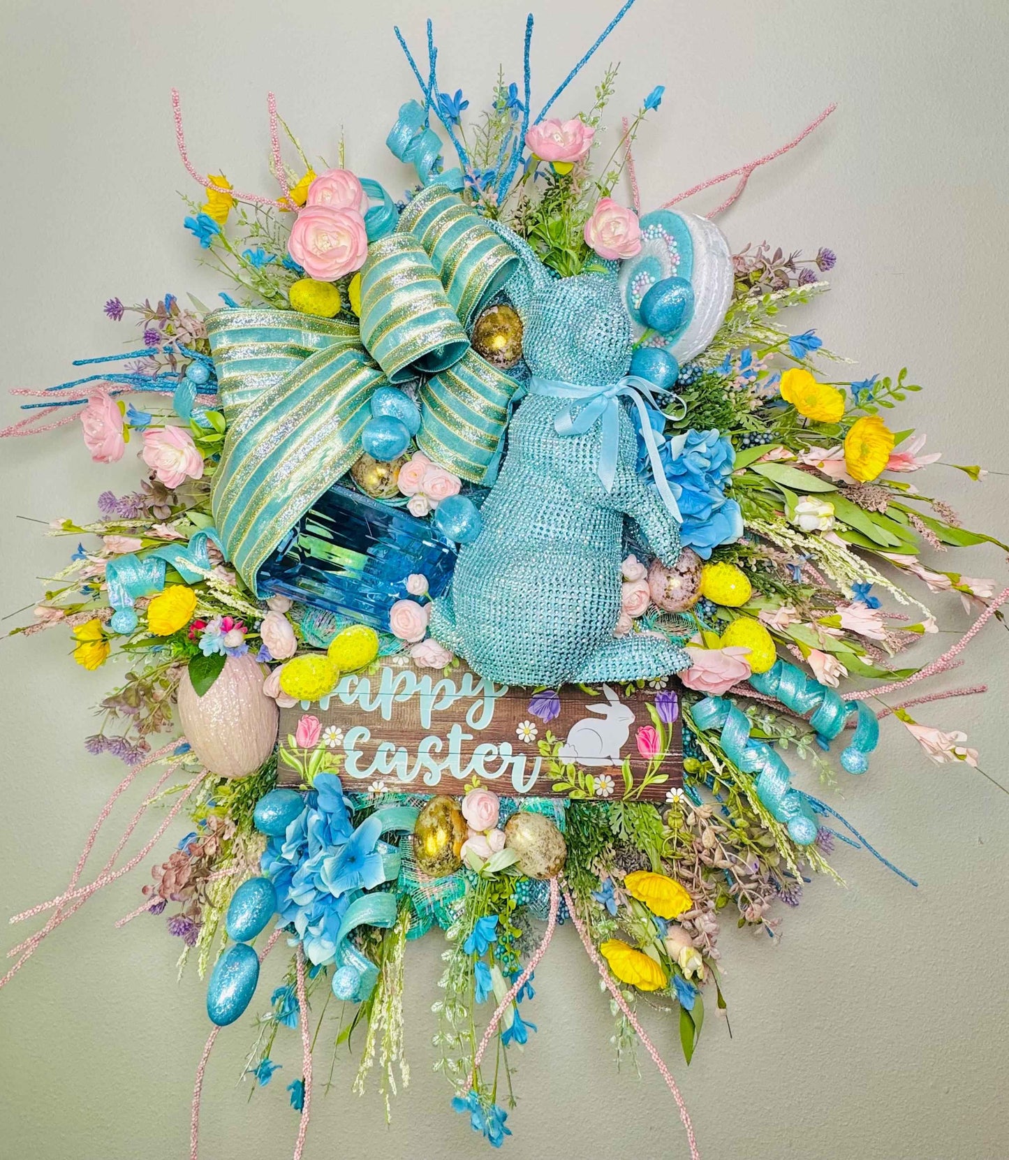 Luxury Easter Bunny Wreath, Blue Easter Door Wreath, Happy Easter Wreath with Bunny, Pastel Spring Wreath for Front Door, Large Designer Eas