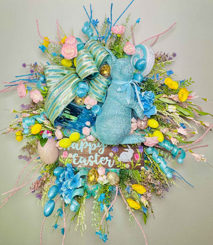 Luxury Easter Bunny Wreath, Blue Easter Door Wreath, Happy Easter Wreath with Bunny, Pastel Spring Wreath for Front Door, Large Designer Eas