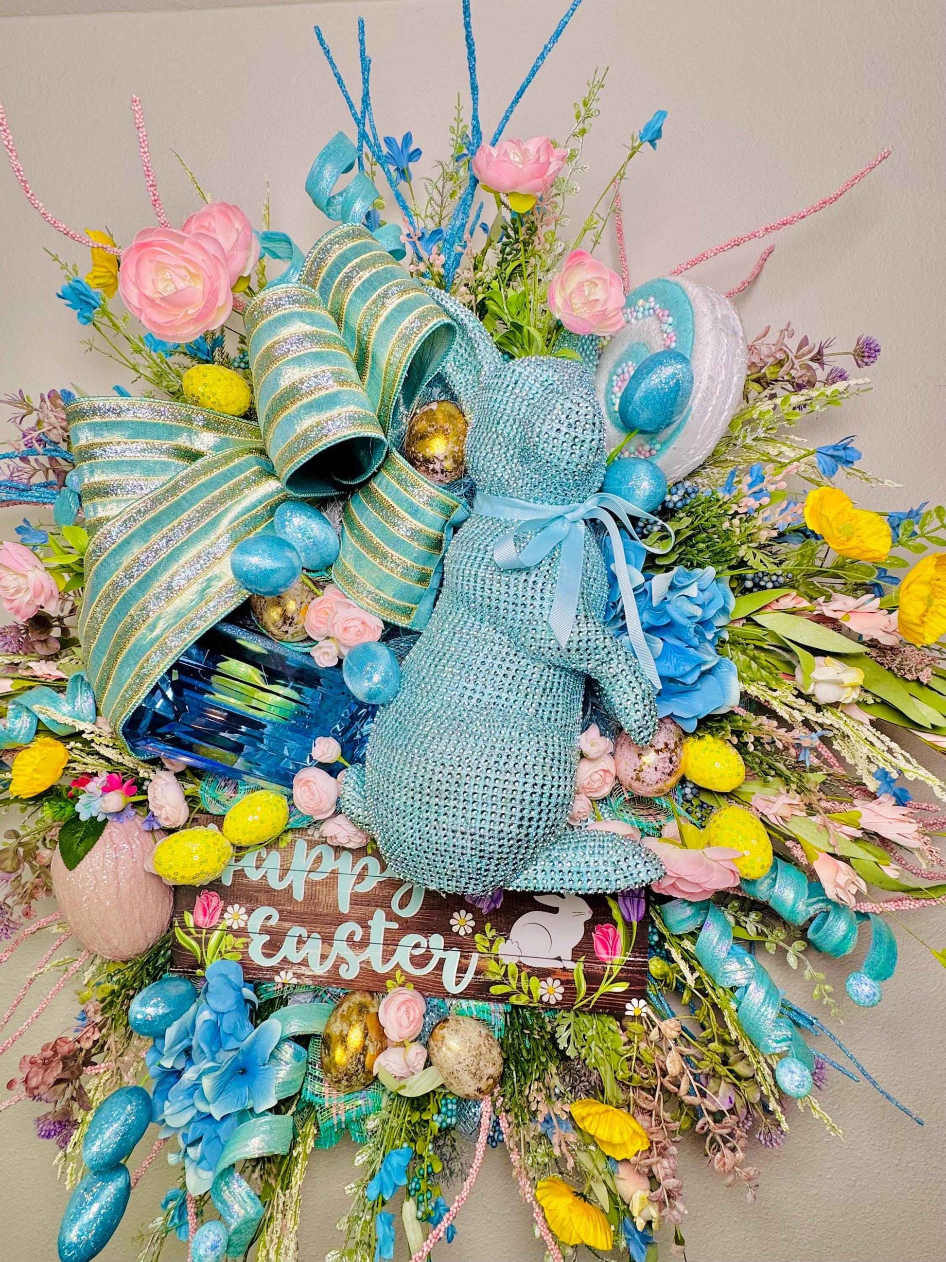 Luxury Easter Bunny Wreath, Blue Easter Door Wreath, Happy Easter Wreath with Bunny, Pastel Spring Wreath for Front Door, Large Designer Eas