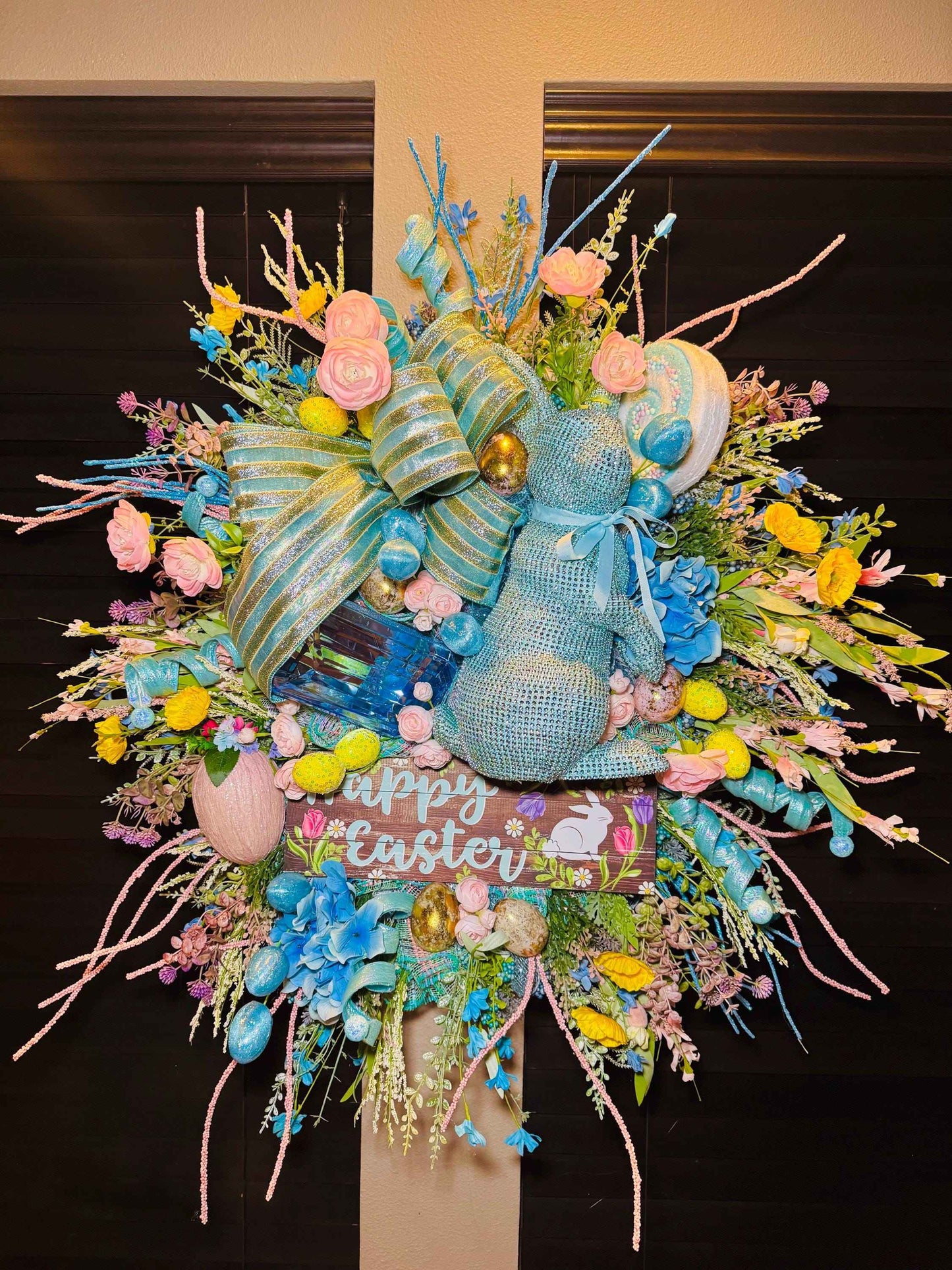 Luxury Easter Bunny Wreath, Blue Easter Door Wreath, Happy Easter Wreath with Bunny, Pastel Spring Wreath for Front Door, Large Designer Eas