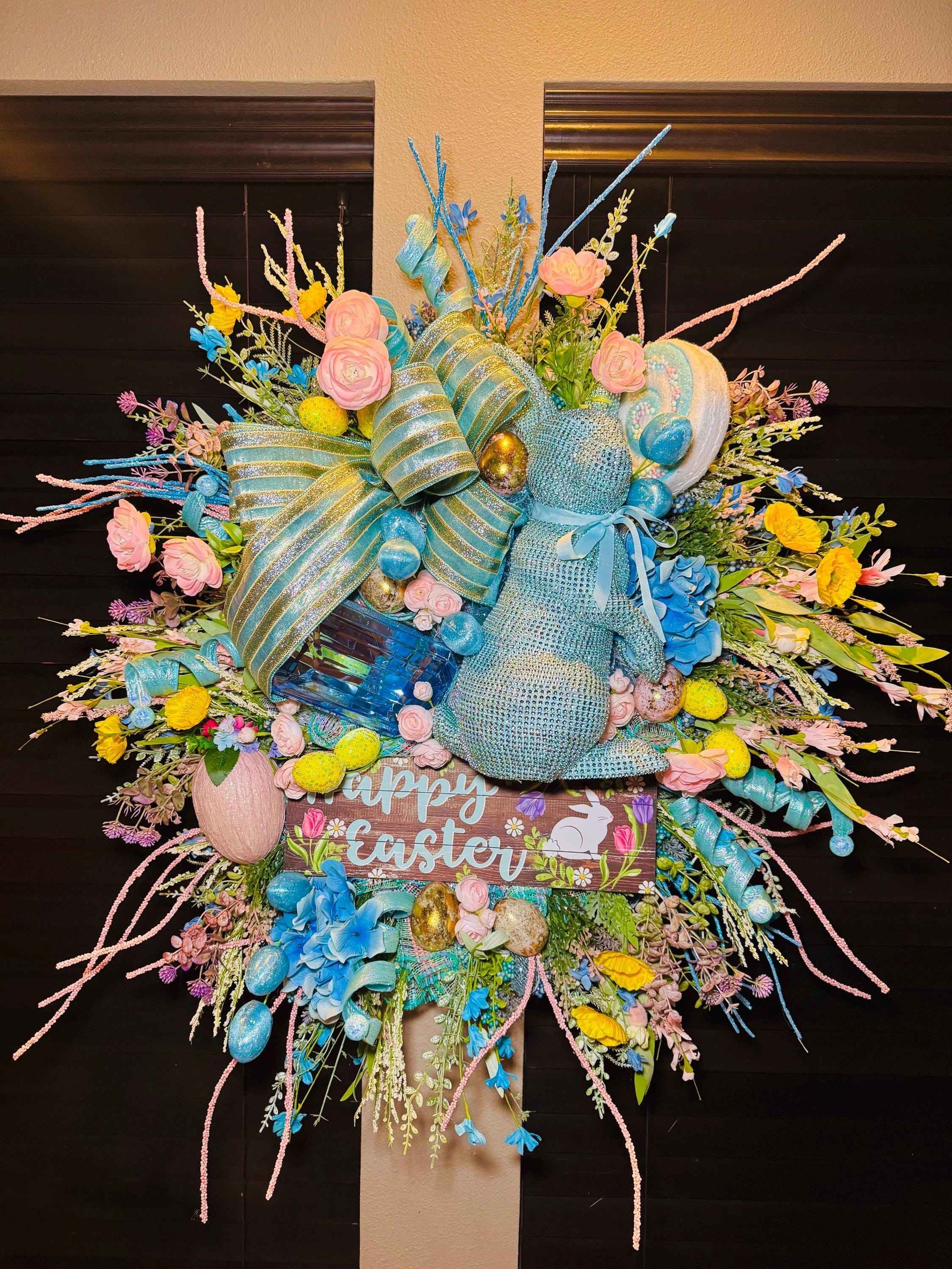 Luxury Easter Bunny Wreath, Blue Easter Door Wreath, Happy Easter Wreath with Bunny, Pastel Spring Wreath for Front Door, Large Designer Eas
