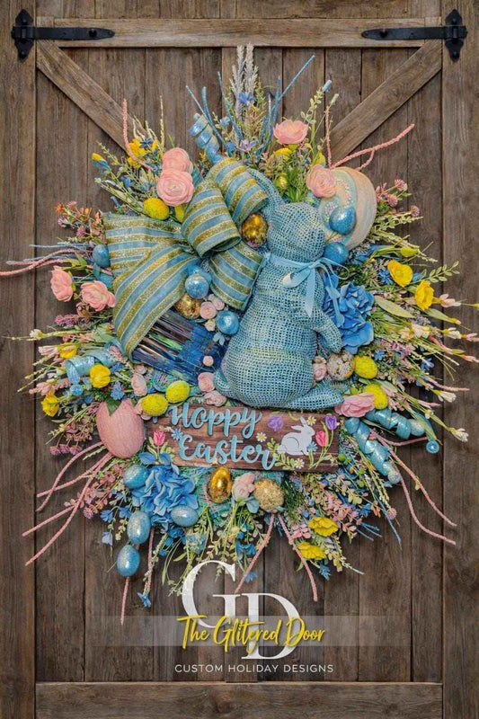 Luxury Easter Bunny Wreath, Blue Easter Door Wreath, Happy Easter Wreath with Bunny, Pastel Spring Wreath for Front Door, Large Designer Eas