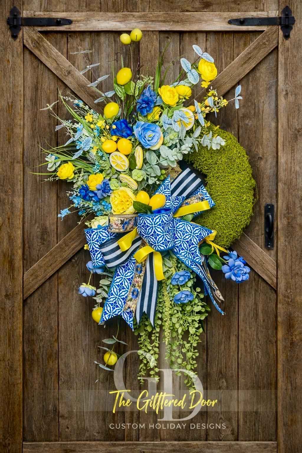 Blue & Yellow Lemon Spring Wreath, Moss Base Lemon Wreath for Front Door, Blue and White Bow Wreath, Summer Citrus Door Decor, Housewarming