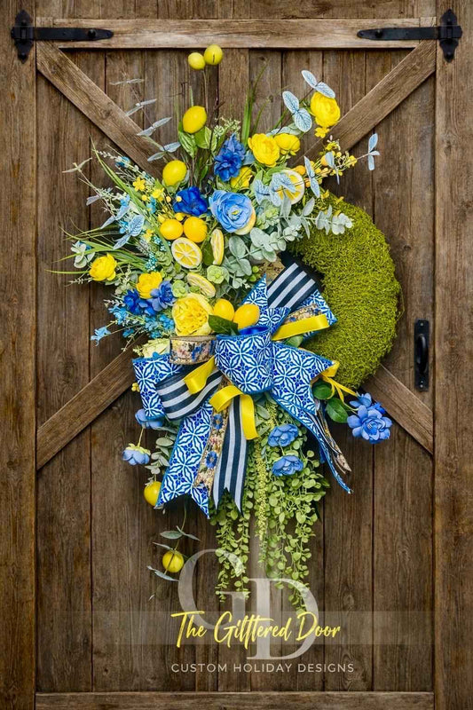 Blue & Yellow Lemon Spring Wreath, Moss Base Lemon Wreath for Front Door, Blue and White Bow Wreath, Summer Citrus Door Decor, Housewarming