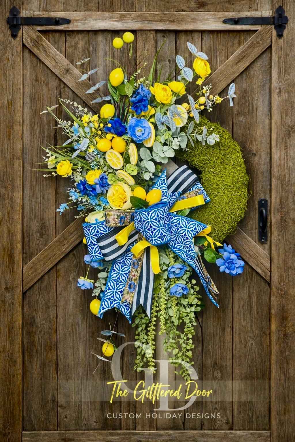 Blue & Yellow Lemon Spring Wreath, Moss Base Lemon Wreath for Front Door, Blue and White Bow Wreath, Summer Citrus Door Decor, Housewarming