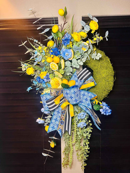 Blue & Yellow Lemon Spring Wreath, Moss Base Lemon Wreath for Front Door, Blue and White Bow Wreath, Summer Citrus Door Decor, Housewarming