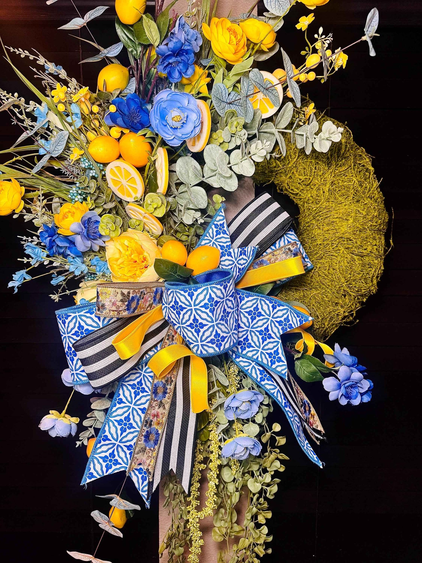 Blue & Yellow Lemon Spring Wreath, Moss Base Lemon Wreath for Front Door, Blue and White Bow Wreath, Summer Citrus Door Decor, Housewarming
