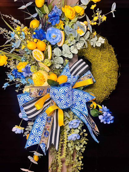 Blue & Yellow Lemon Spring Wreath, Moss Base Lemon Wreath for Front Door, Blue and White Bow Wreath, Summer Citrus Door Decor, Housewarming