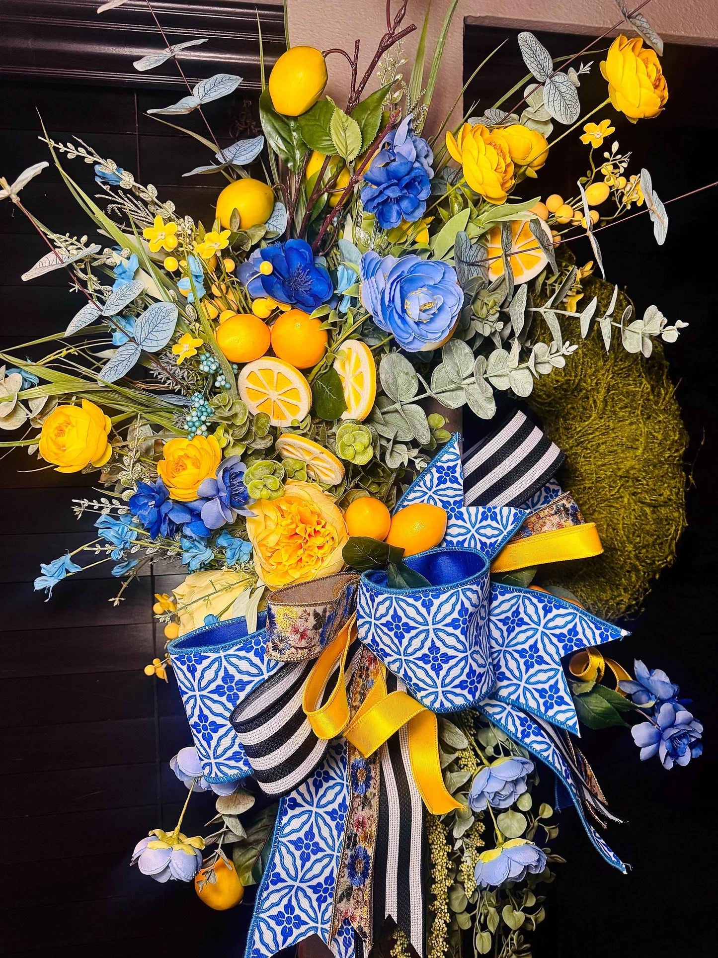 Blue & Yellow Lemon Spring Wreath, Moss Base Lemon Wreath for Front Door, Blue and White Bow Wreath, Summer Citrus Door Decor, Housewarming
