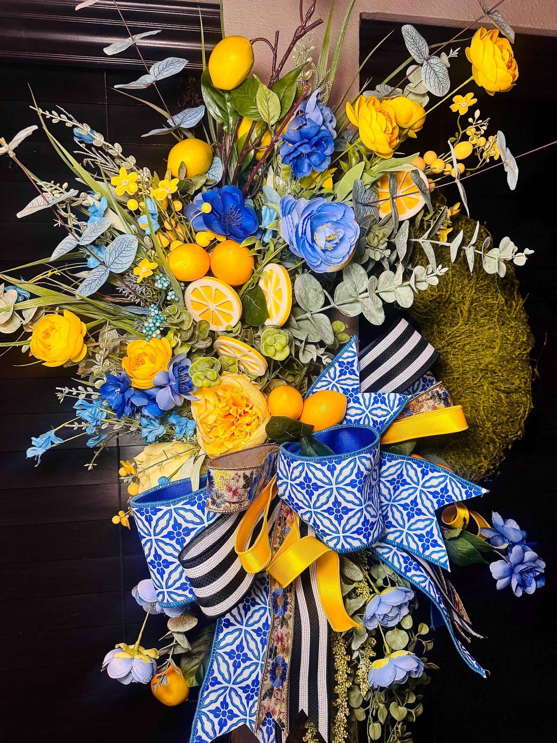 Blue & Yellow Lemon Spring Wreath, Moss Base Lemon Wreath for Front Door, Blue and White Bow Wreath, Summer Citrus Door Decor, Housewarming