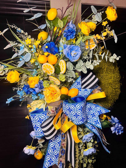 Blue & Yellow Lemon Spring Wreath, Moss Base Lemon Wreath for Front Door, Blue and White Bow Wreath, Summer Citrus Door Decor, Housewarming