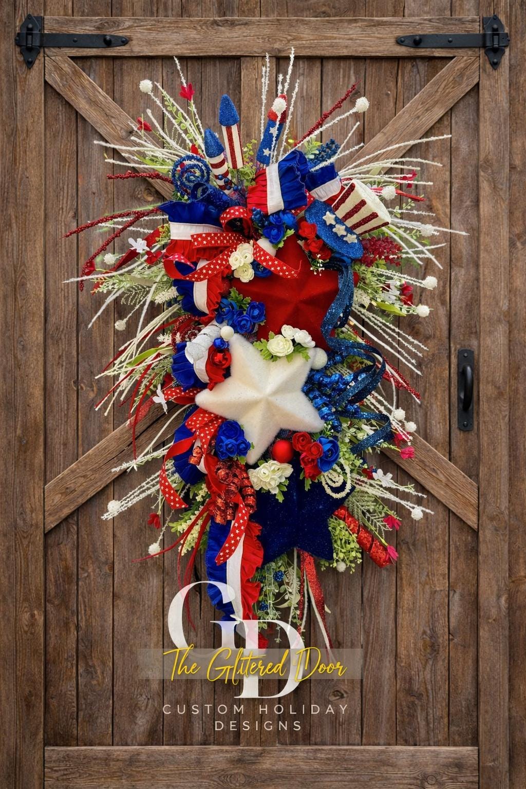 Patriotic Summer Wreath - Red White and Blue Stars Door Decor for Memorial Day and 4th of July