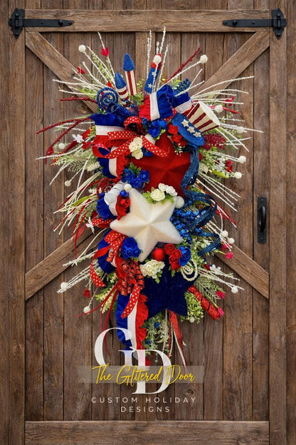 Patriotic Summer Wreath - Red White and Blue Stars Door Decor for Memorial Day and 4th of July