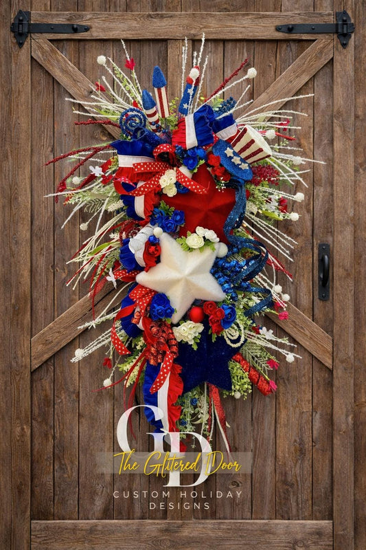 Patriotic Summer Wreath - Red White and Blue Stars Door Decor for Memorial Day and 4th of July