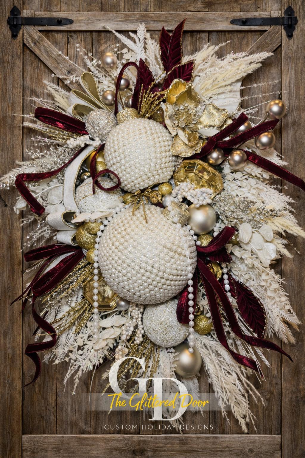 Winter White Pearl Ornaments Wreath - Oversized Elegant Glam Door Decor for Valentines and Winter Front Door Decorations