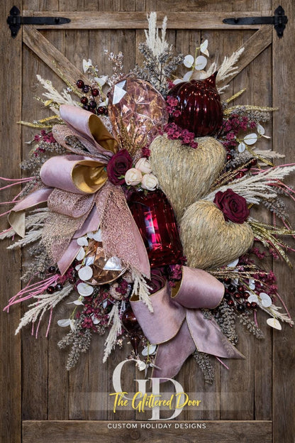 Valentines Day Wreath with Blush Pink and Burgundy Jewel Ornaments - Elegant XL Holiday Decor for Romantic Winter Style