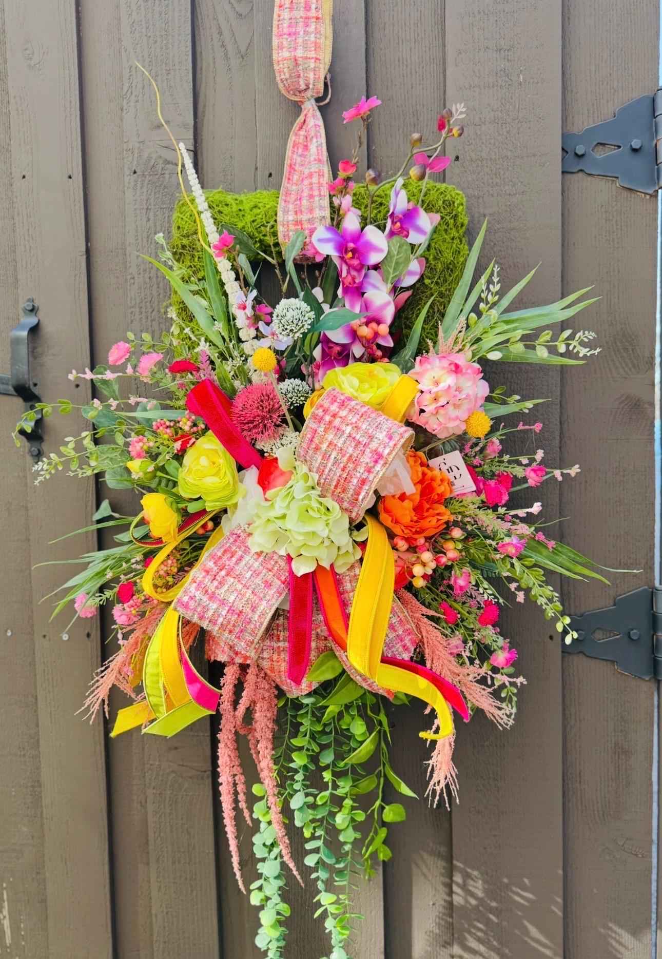 Spring Floral Door Swag | Moss Rectangle Door Hanger Wreath | Colorful Spring Front Door Decor | Easter Spring Wreath | Garden Style Floral