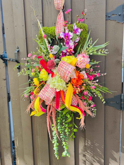 Spring Floral Door Swag | Moss Rectangle Door Hanger Wreath | Colorful Spring Front Door Decor | Easter Spring Wreath | Garden Style Floral