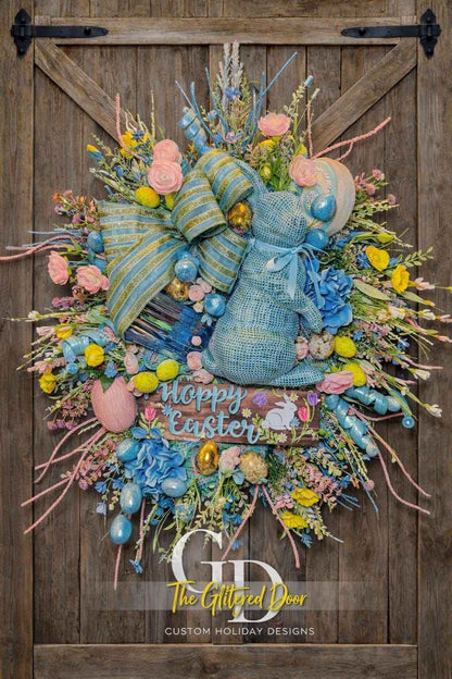 Luxury Easter Bunny Wreath, Blue Easter Door Wreath, Happy Easter Wreath with Bunny, Pastel Spring Wreath for Front Door, Large Designer Eas