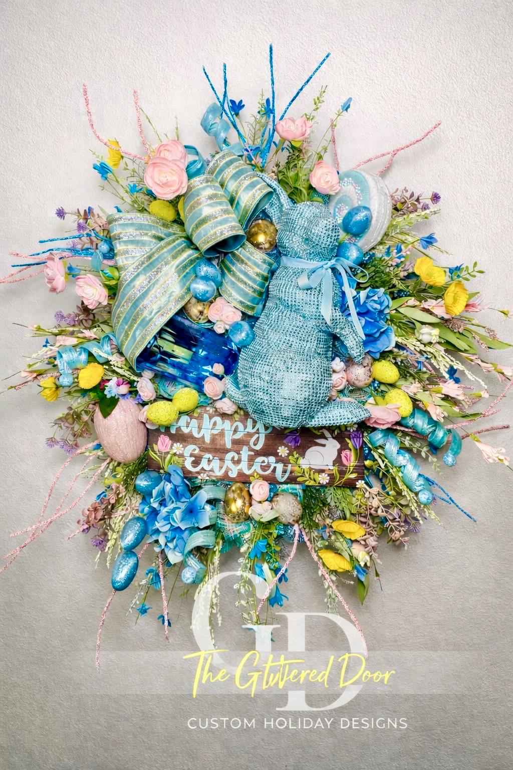 Luxury Easter Bunny Wreath, Blue Easter Door Wreath, Happy Easter Wreath with Bunny, Pastel Spring Wreath for Front Door, Large Designer Eas